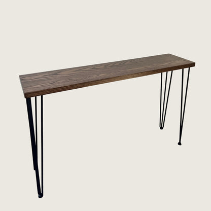 Walnut Modern Hallway Table — angled view showing steel hairpin legs and dark walnut stained American Oak top