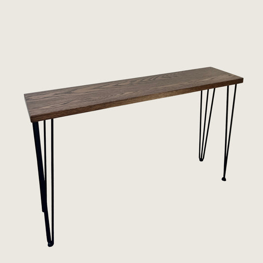 Walnut Modern Hallway Table — angled view showing steel hairpin legs and dark walnut stained American Oak top