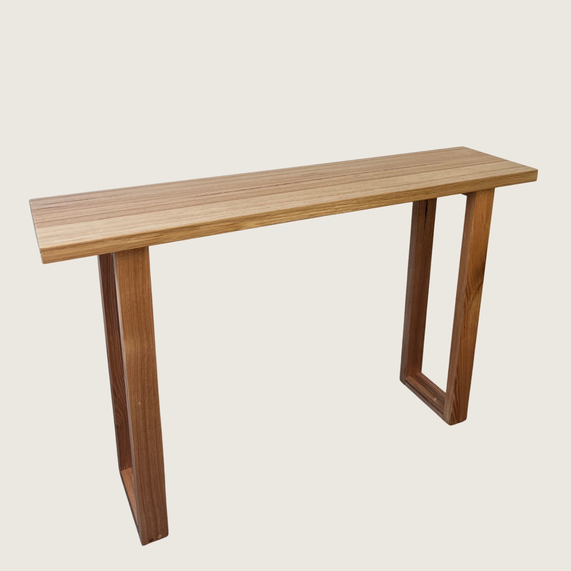Tasmanian Oak Classic Hallway Table — angled view showing natural Tasmanian Oak grain and timber legs