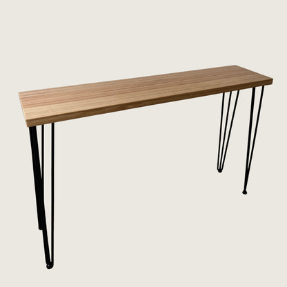 Tasmanian Oak Modern Hallway Table — angled view showing steel hairpin legs and natural Tasmanian Oak timber top
