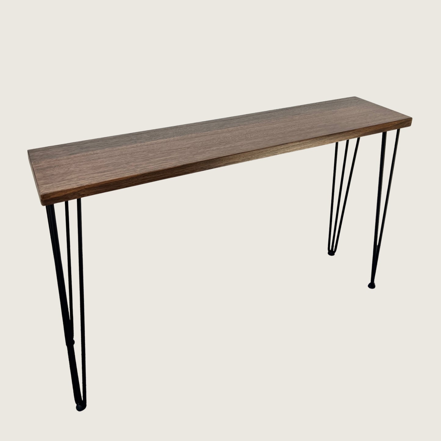 Dark Oak Modern Hallway Table — solid Australian Oak hardwood console table with steel hairpin legs, dark walnut stain finish
