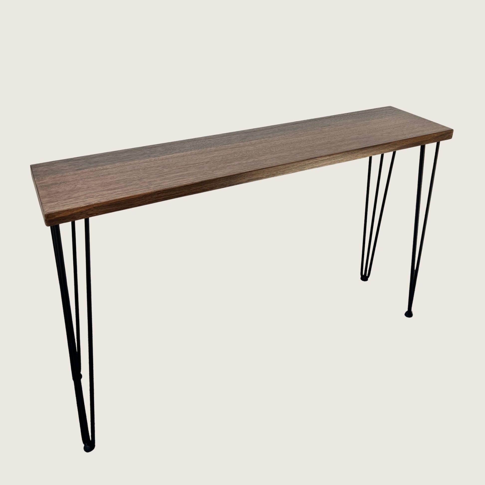 Dark Oak Modern Hallway Table — solid Australian Oak hardwood console table with steel hairpin legs, dark walnut stain finish
