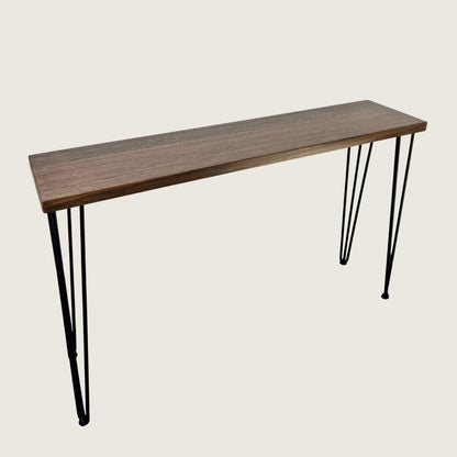 Dark Oak Modern Hallway Table — solid Australian Oak hardwood console table with steel hairpin legs, dark walnut stain finish