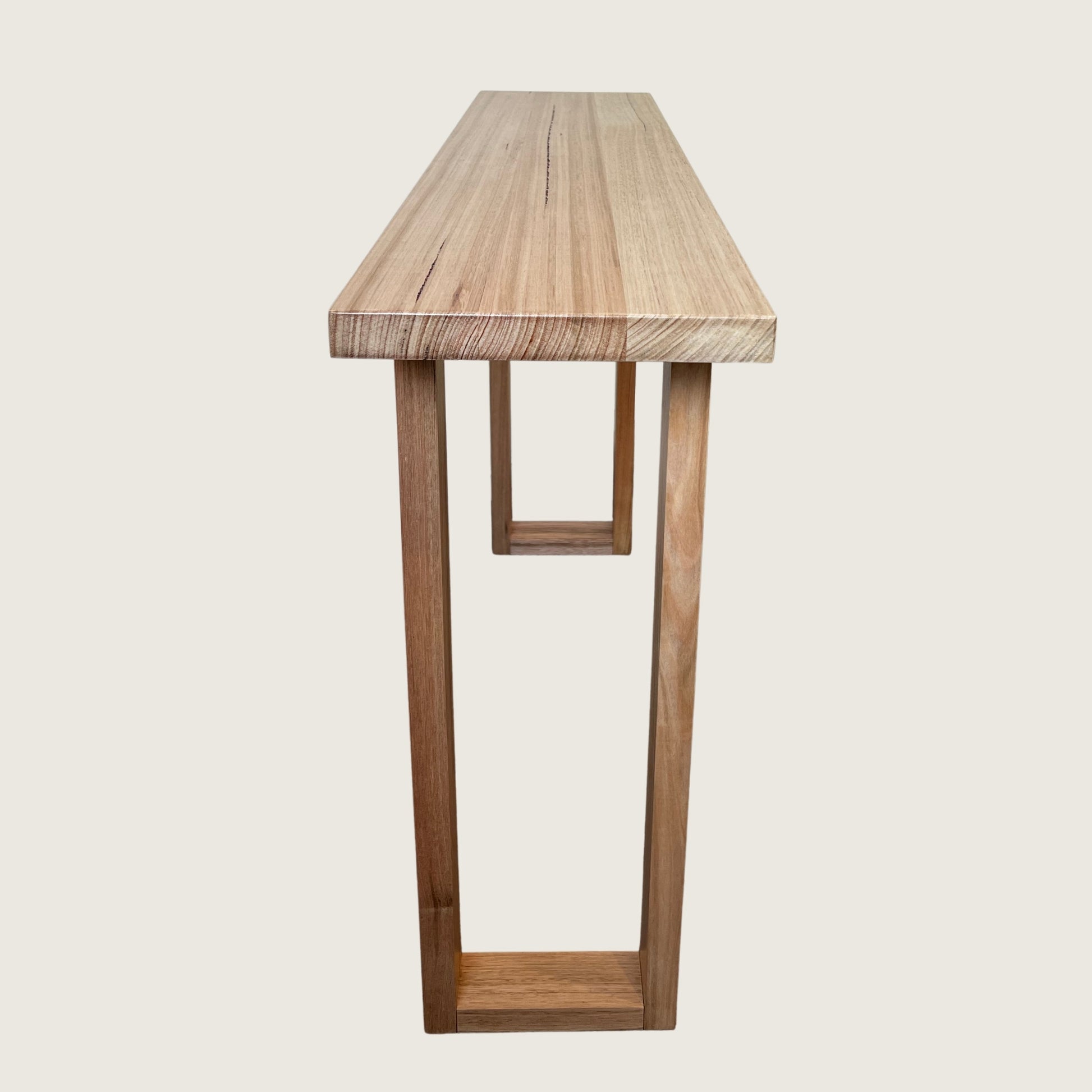 Tasmanian Oak Classic Hallway Table — side profile of handmade solid hardwood hallway table with ski legs