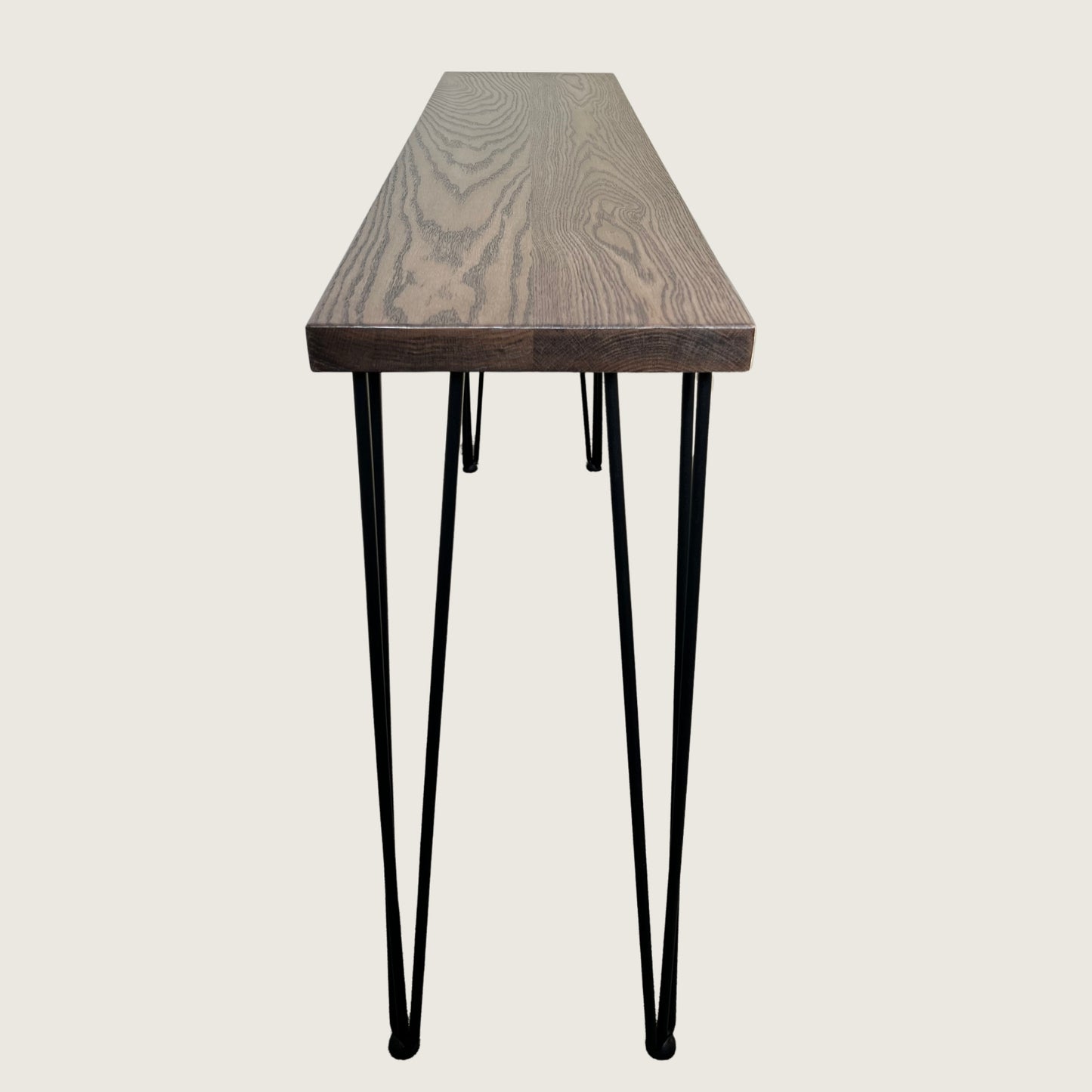 Walnut Modern Hallway Table — side profile of handmade solid hardwood hallway table with hairpin legs, stained in walnut colour