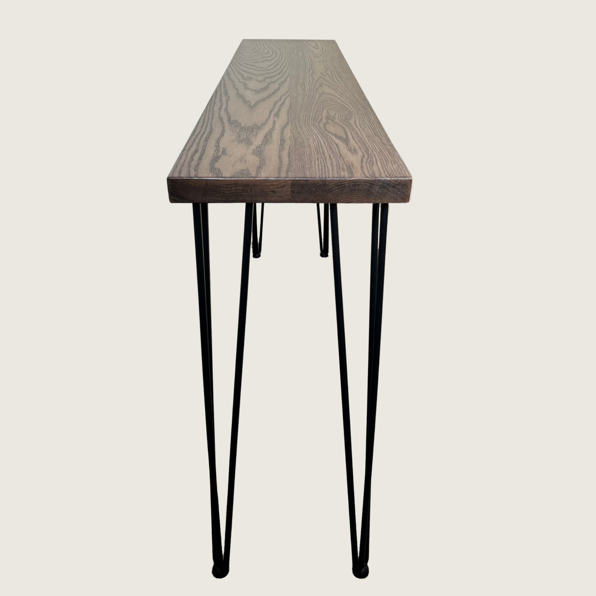 Walnut Modern Hallway Table — side profile of handmade solid hardwood hallway table with hairpin legs, stained in walnut colour