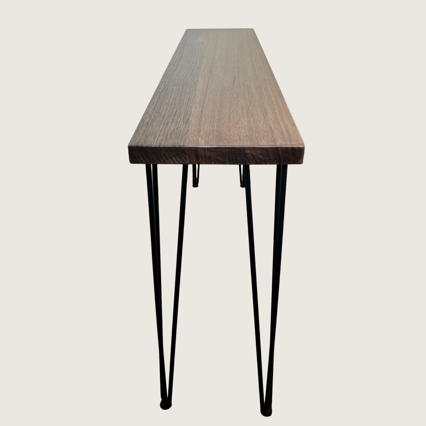 Dark Oak Modern Hallway Table — solid Australian hardwood console table with steel hairpin legs, dark walnut stain finish, side view