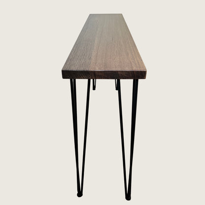 Dark Oak Modern Hallway Table — solid Australian hardwood console table with steel hairpin legs, dark walnut stain finish, side view