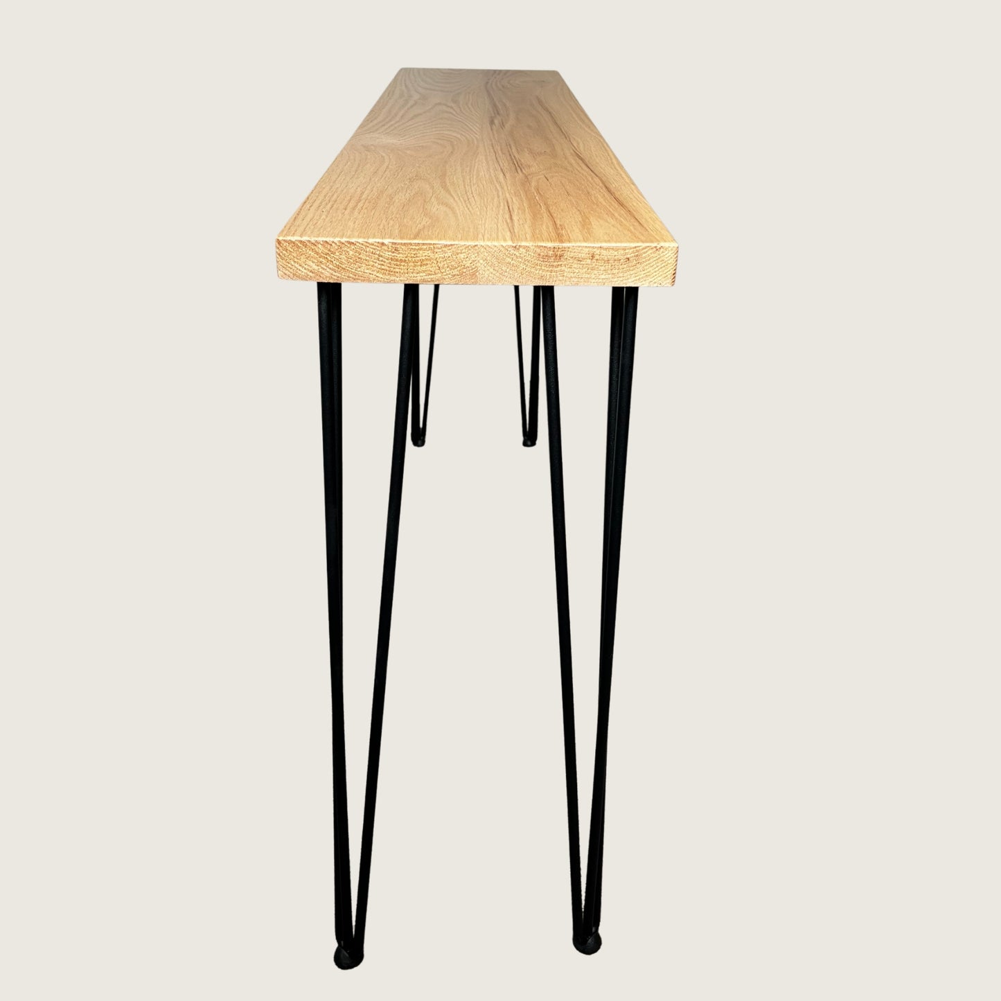 American Oak Modern Hallway Table — side profile of handmade solid hardwood hallway table with hairpin legs