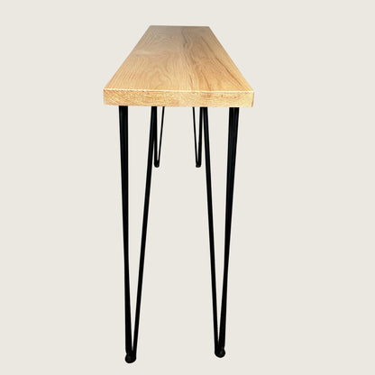 American Oak Modern Hallway Table — side profile of handmade solid hardwood hallway table with hairpin legs