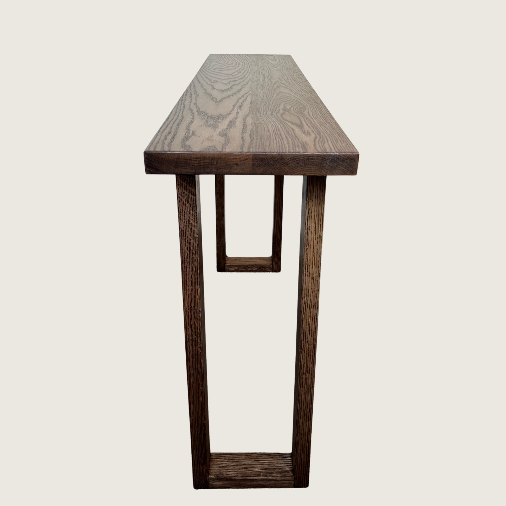 Walnut Classic Hallway Table — solid American Oak hardwood console table with U-shaped timber legs in walnut stain finish, side view