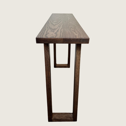 Walnut Classic Hallway Table — solid American Oak hardwood console table with U-shaped timber legs in walnut stain finish, side view