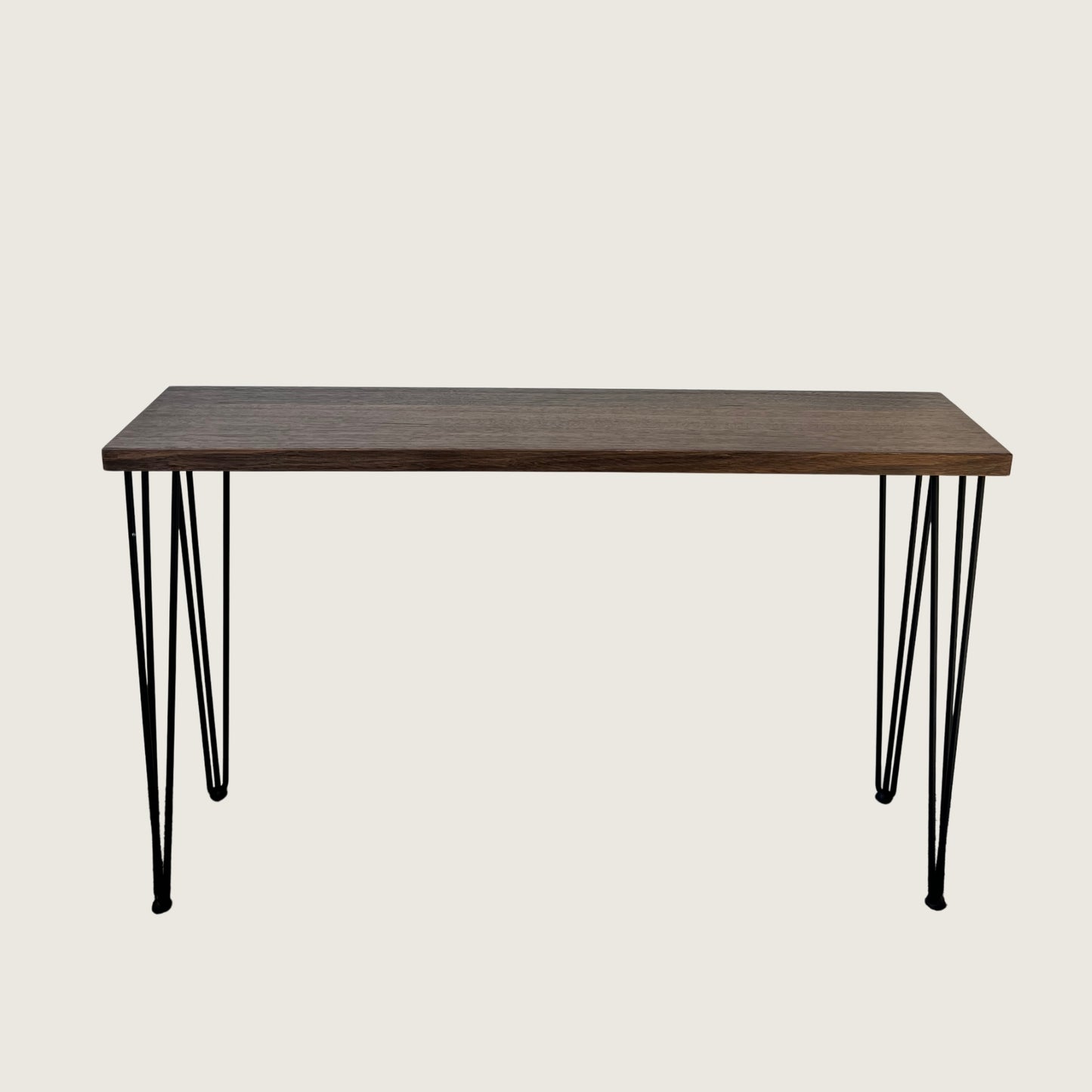 Dark Oak Modern Hallway Table — solid Australian hardwood console table with steel hairpin legs, dark walnut stain finish, front view