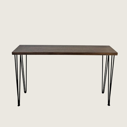 Dark Oak Modern Hallway Table — solid Australian hardwood console table with steel hairpin legs, dark walnut stain finish, front view