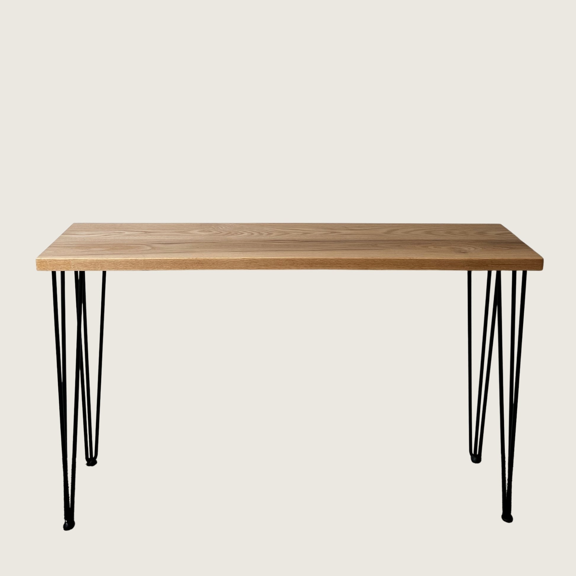 American Oak Modern Hallway Table — solid American Oak hardwood console table with steel hairpin legs, front view