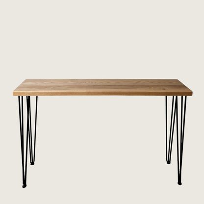American Oak Modern Hallway Table — solid American Oak hardwood console table with steel hairpin legs, front view