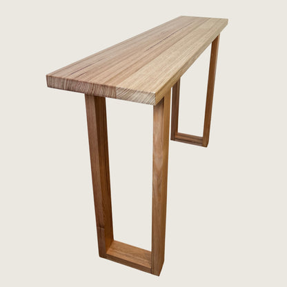 Tasmanian Oak Classic Hallway Table — Solid hardwood console table, made in Australia, close up angled view of grain and finish