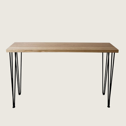 Tasmanian Oak Modern Hallway Table — angled view showing steel hairpin legs and natural Tasmanian Oak timber top