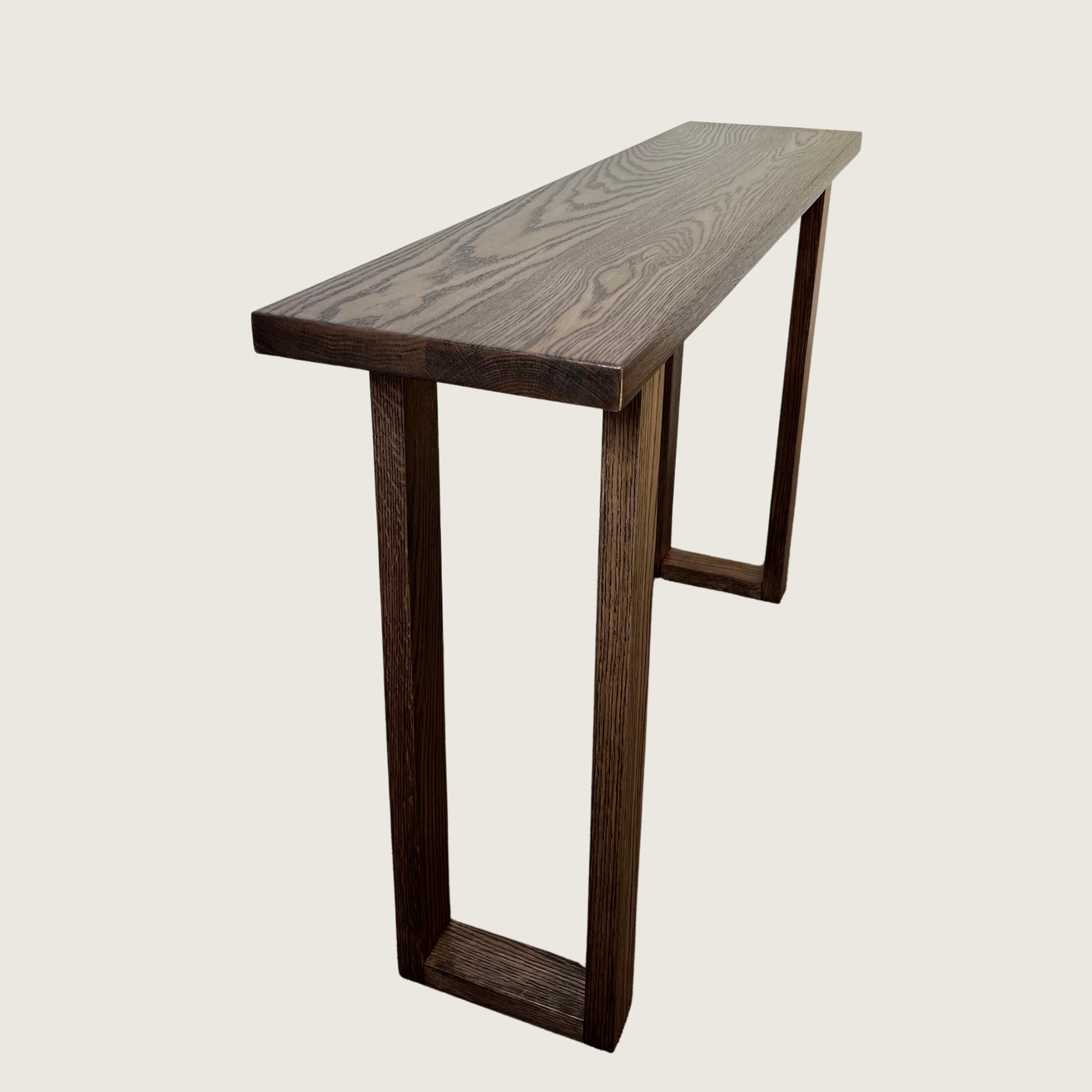Walnut Classic Hallway Table — solid American Oak hardwood console table with U-shaped timber legs in walnut stain finish, close angled view