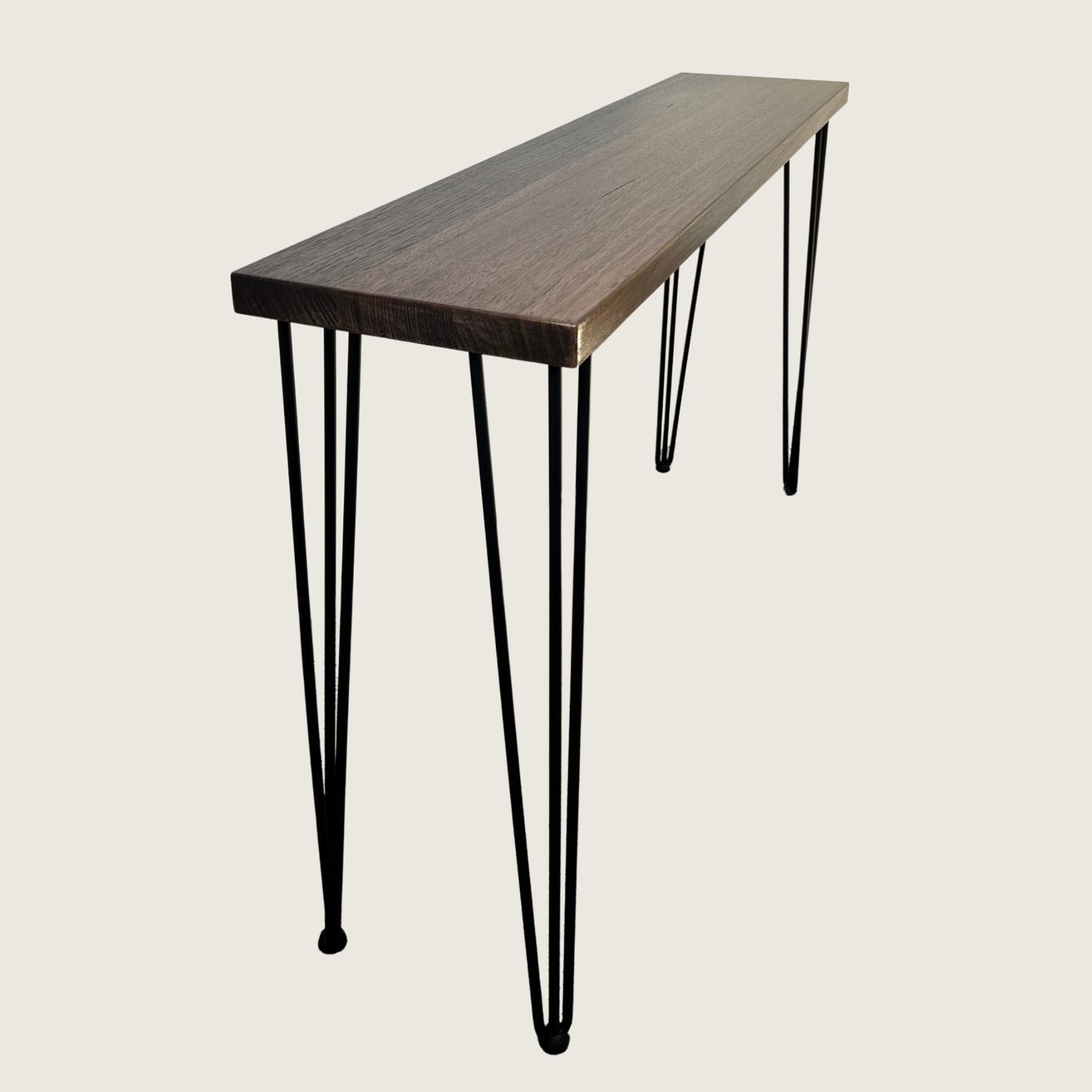 Dark Oak Modern Hallway Table — solid Australian hardwood console table with steel hairpin legs, angled view