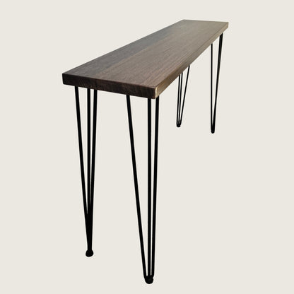 Dark Oak Modern Hallway Table — solid Australian hardwood console table with steel hairpin legs, angled view