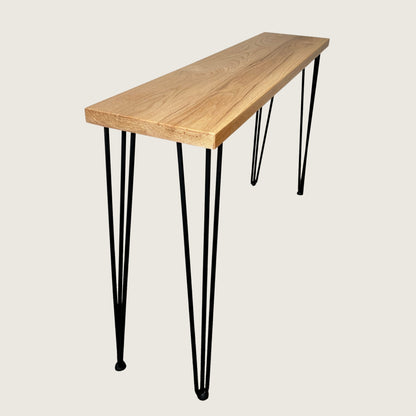 American Oak Modern Hallway Table — close angled profile of handmade solid hardwood hallway table with hairpin legs