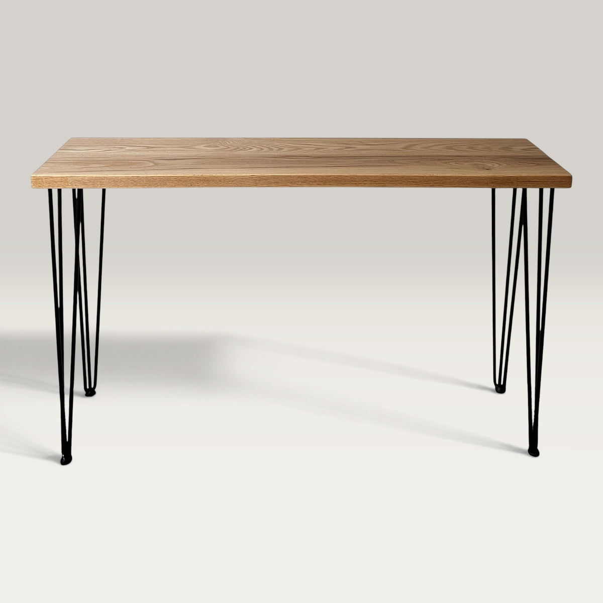 American Oak Modern Hallway Table — solid American Oak hardwood console table with steel hairpin legs, front view