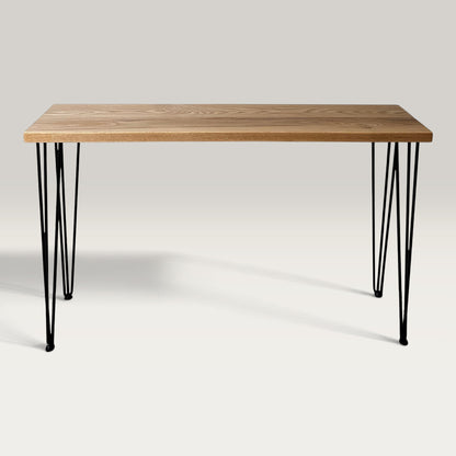 American Oak Modern Hallway Table — solid American Oak hardwood console table with steel hairpin legs, front view