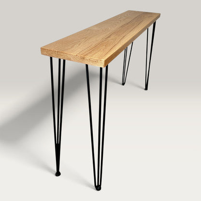 American Oak Modern Hallway Table — solid American Oak hardwood console table with steel hairpin legs, side view