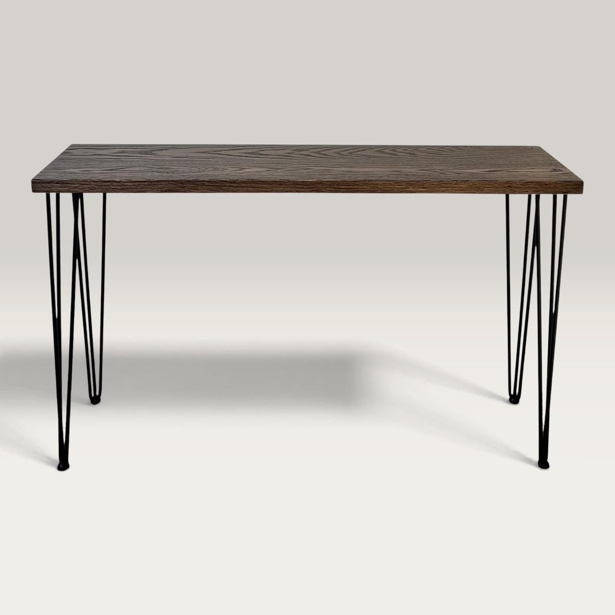 Walnut Modern Hallway Table — solid American Oak hardwood console table with steel hairpin legs in walnut stain finish