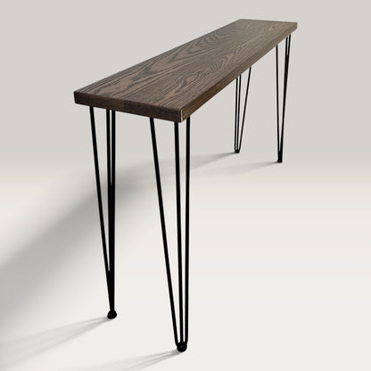 Walnut Modern Hallway Table — solid American Oak hardwood console table with steel hairpin legs in walnut stain finish, side view
