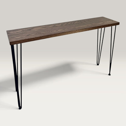 Walnut Modern Hallway Table — angled view showing steel hairpin legs and dark walnut stained American Oak top