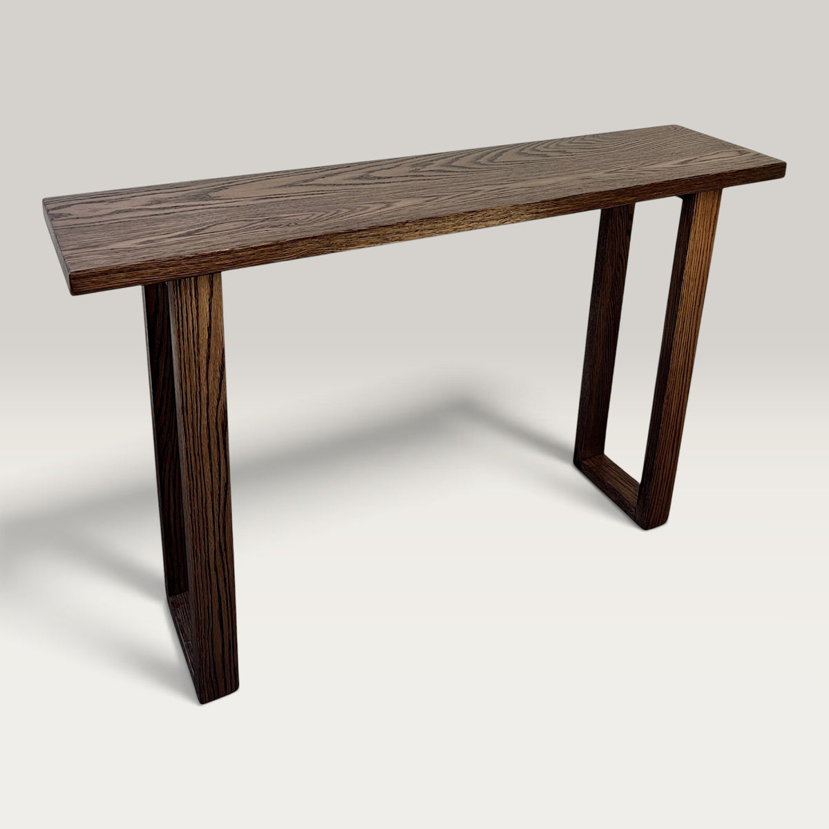 Walnut Classic Hallway Table — solid American Oak hardwood console table with U-shaped timber legs in walnut stain finish, angled view