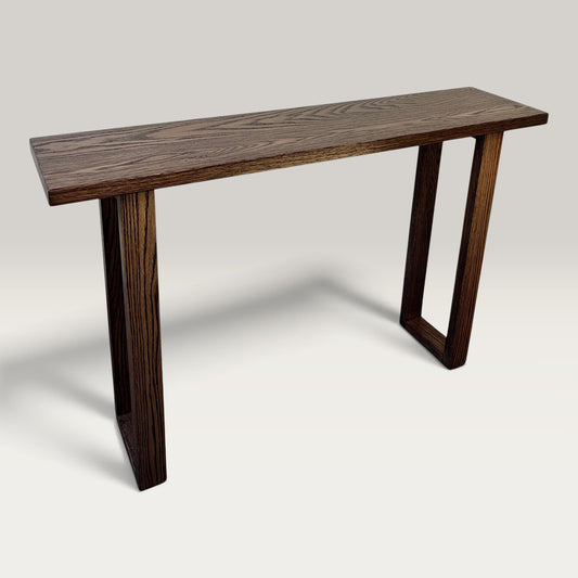 Walnut Classic Hallway Table — solid American Oak hardwood console table with U-shaped timber legs in walnut stain finish, angled view