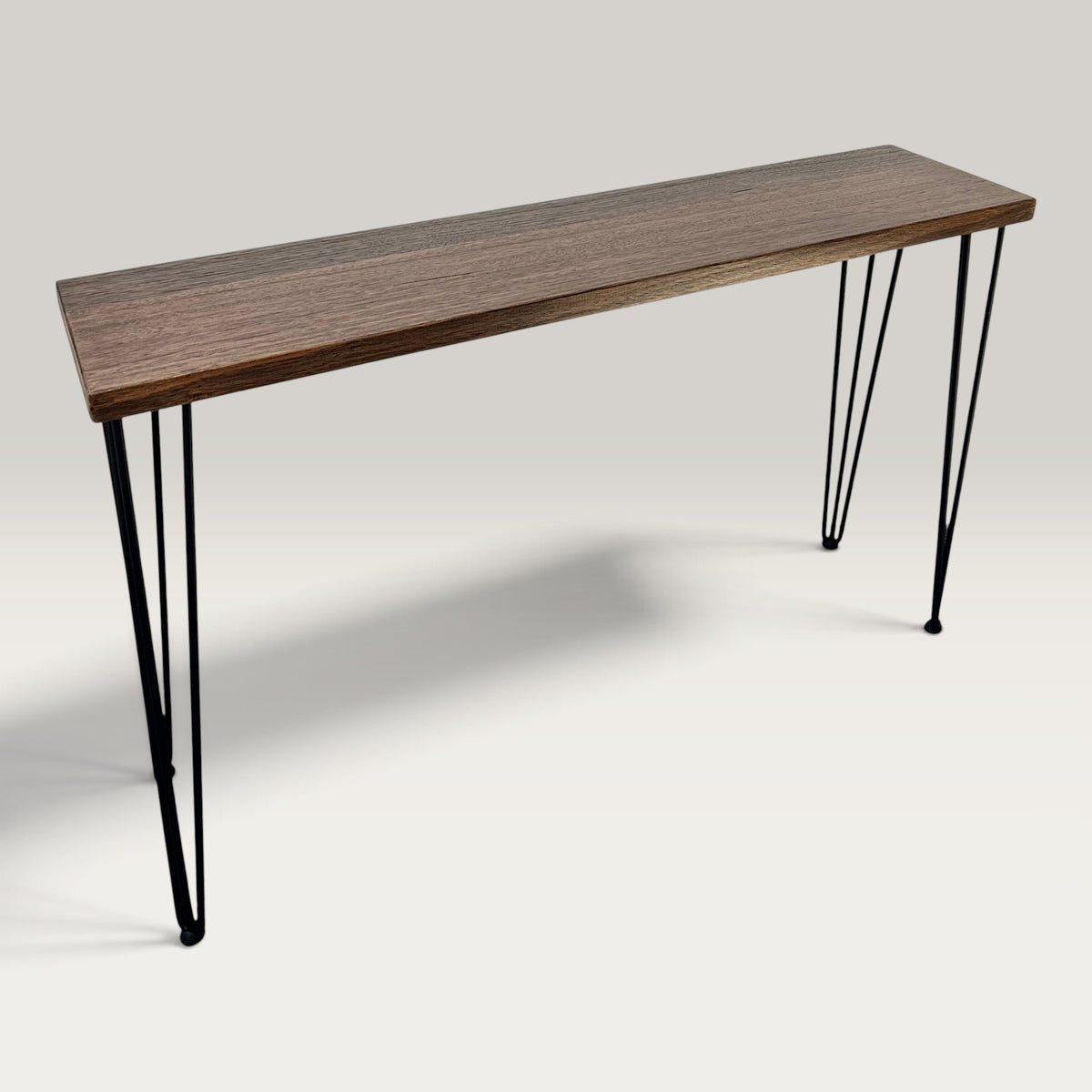 Dark Oak Modern Hallway Table — solid Australian Oak hardwood console table with steel hairpin legs, dark walnut stain finish
