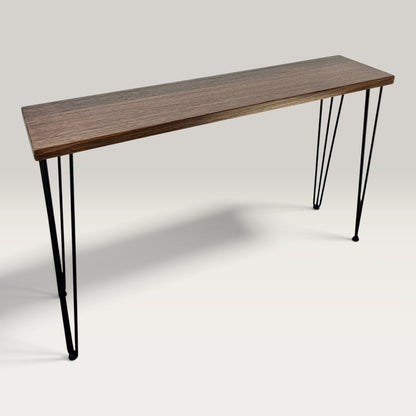 Dark Oak Modern Hallway Table — solid Australian Oak hardwood console table with steel hairpin legs, dark walnut stain finish