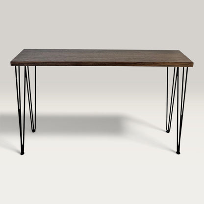 Dark Oak Modern Hallway Table — solid Australian hardwood console table with steel hairpin legs, dark walnut stain finish, front view