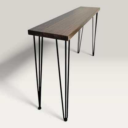 Dark Oak Modern Hallway Table — solid Australian hardwood console table with steel hairpin legs, angled view