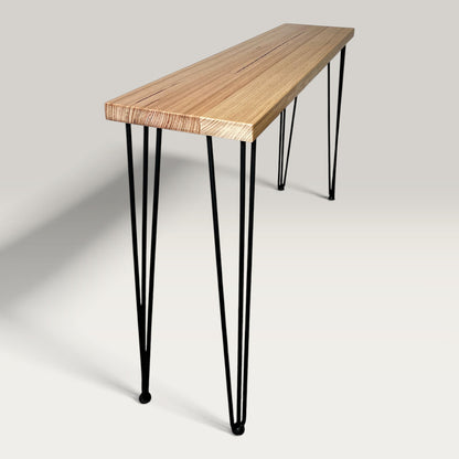 Tasmanian Oak Modern Hallway Table — side view showing steel hairpin legs and natural Tasmanian Oak timber 