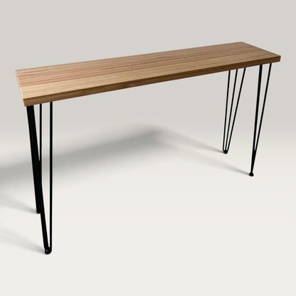 Tasmanian Oak Modern Hallway Table — angled view showing steel hairpin legs and natural Tasmanian Oak timber