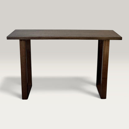 Dark Oak Classic Hallway Table — a dark hardwood console table ski legs, front on image on a light background