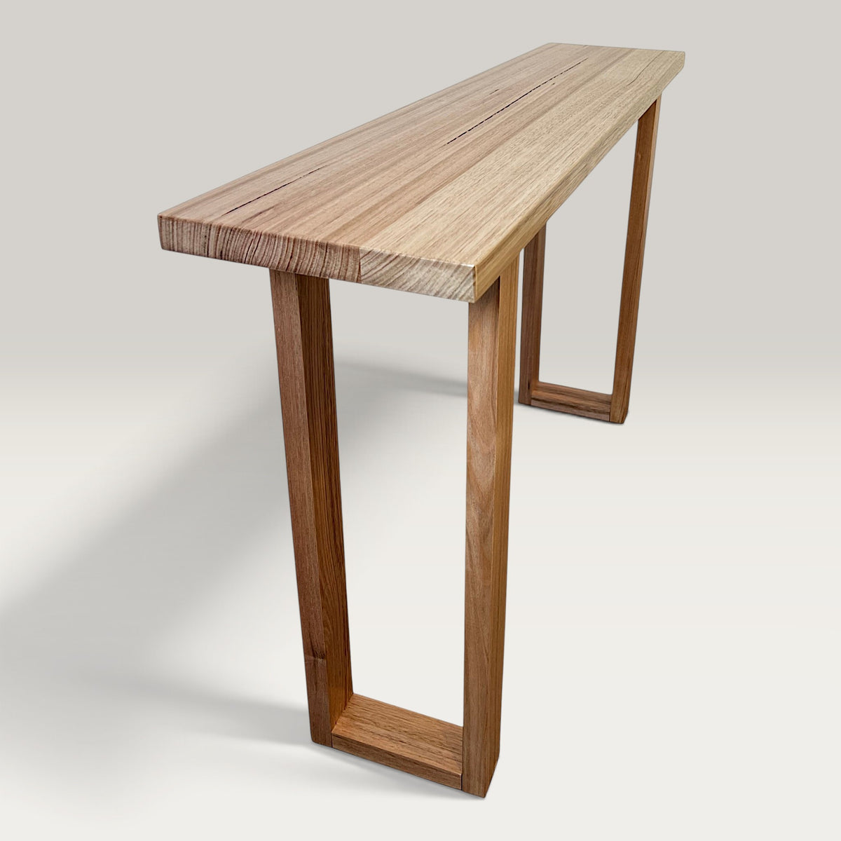 Tasmanian Oak Classic Hallway Table — Solid hardwood console table, made in Australia, close up angled view of grain and finish