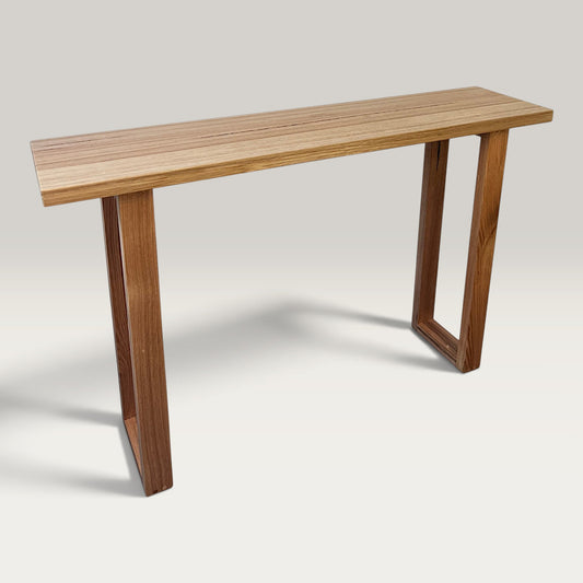 Tasmanian Oak Classic Hallway Table — angled view showing natural Tasmanian Oak grain and timber legs